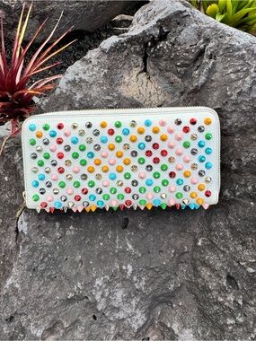 Christian Louboutin Panettone Multicolor Spike Zip Around Wallet White Leather